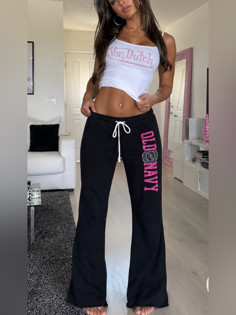 Old Navy Y2K pink black spell out flare sweatpants sz medium